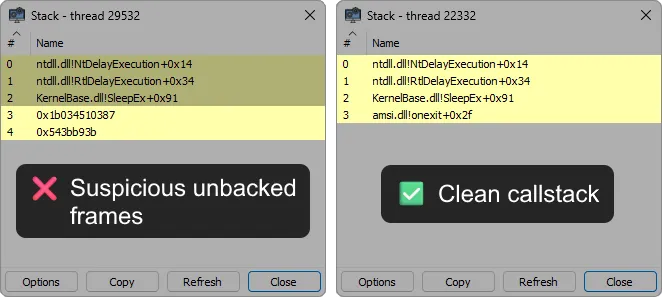 Suspicious thread from a private executable region vs module-backed thread