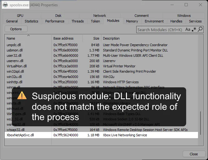 Suspicious DLL loaded into a known process