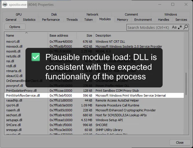 Legitimate-looking DLL loaded into a known process