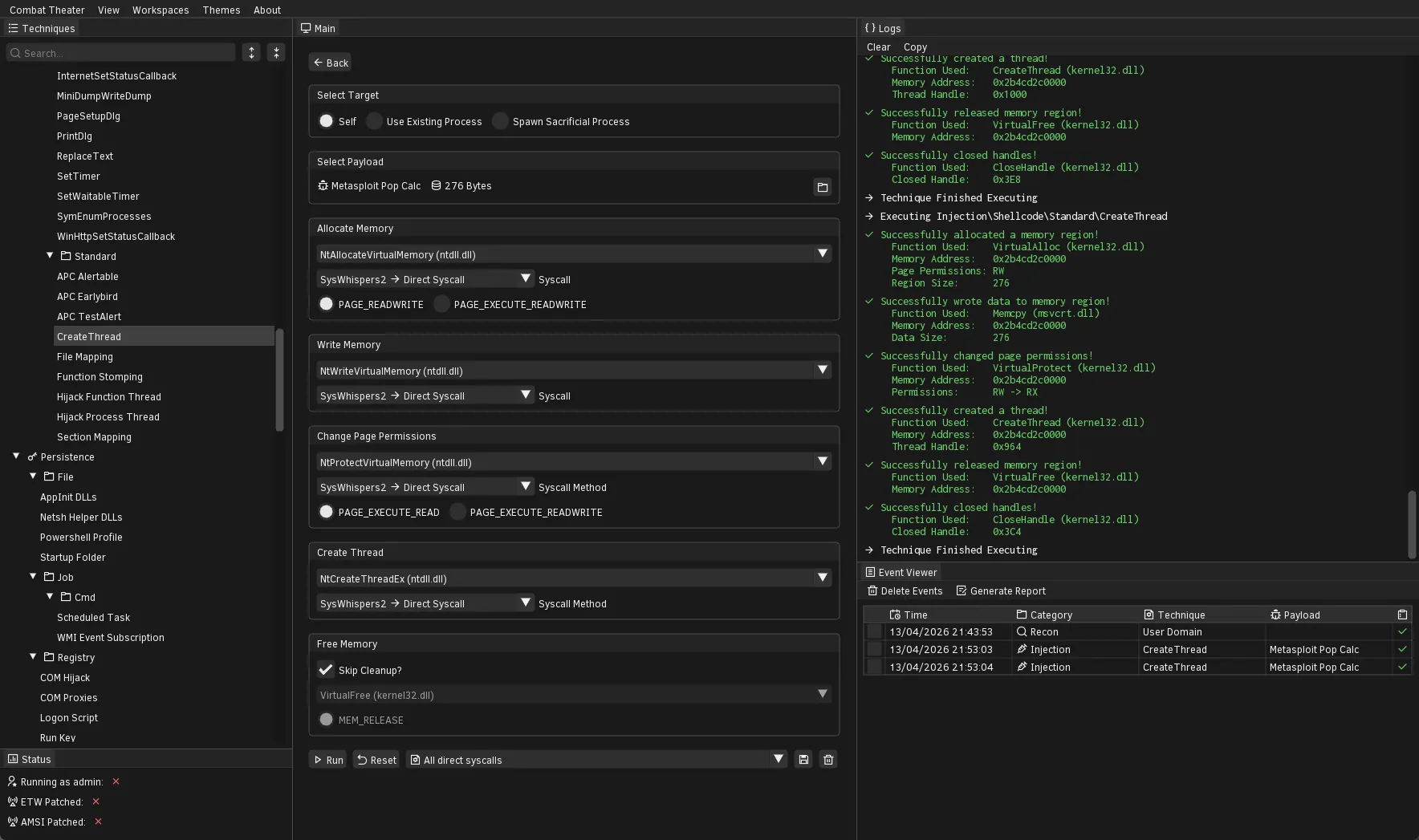 Combat Theater technique emulation interface generating telemetry